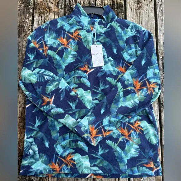 NWT Tommy Bahama Cloud Peak Frounds Bering Blue Half Zip Tropical L Pullover A-4